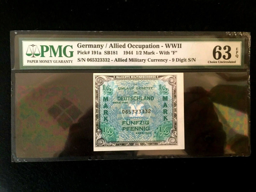 Allied Military Currency - WWII 1944 1/2 Mark - 3 Sequential Bills - PMG Cert - Collectors Couch