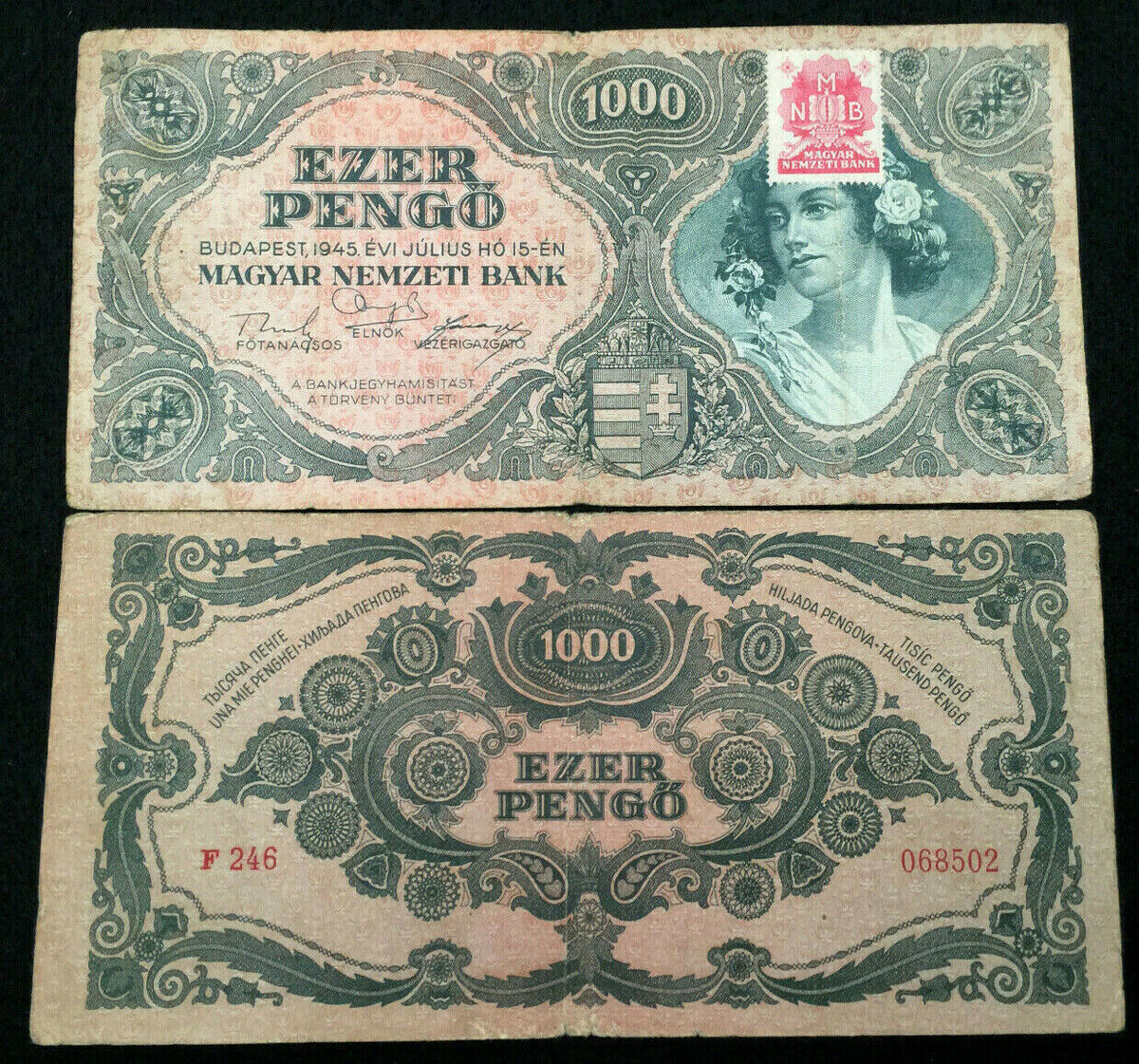 Hungary 1000 Pengo 1945 Circulated With Stamp Banknote World Paper Mon ...