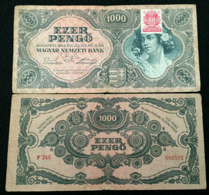 Hungary 1000 Pengo 1945 Circulated With Stamp Banknote World Paper Money
