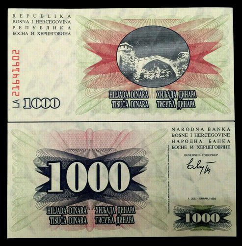 Bosnia & Herzegovina 1000 Dinara Banknote World Paper Money UNC Bill Note - Collectors Couch