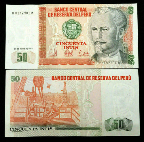 PERU 50 INTIS Banknote World Paper Money UNC Currency Bill Note - Collectors Couch