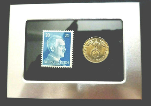 German WW2 Rare 5 Pf Brass Coin and Stamp in a Secure Silver Display Frame - Collectors Couch