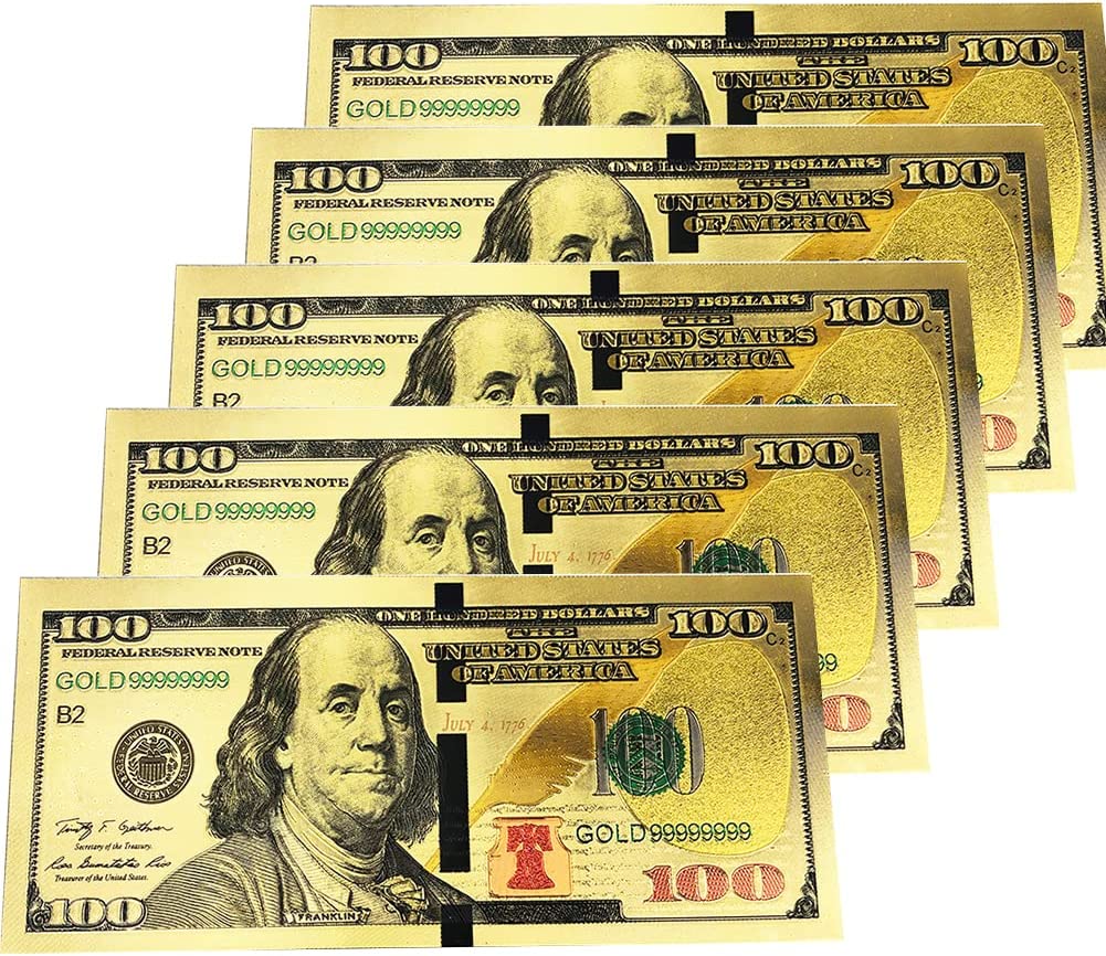24 K GOLD Plated Double Sided $100 Dollar Bill with Green Seal - Novelty Item - Collectors Couch