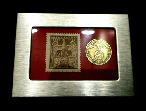 German WW2 Rare 10 Rp Brass Coin & Stamp in a Secure Metal Disp Frame - Collectors Couch