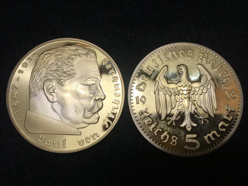 Nazi Third Reich 5 Reichsmark Gold Plated Coin - Reproduction