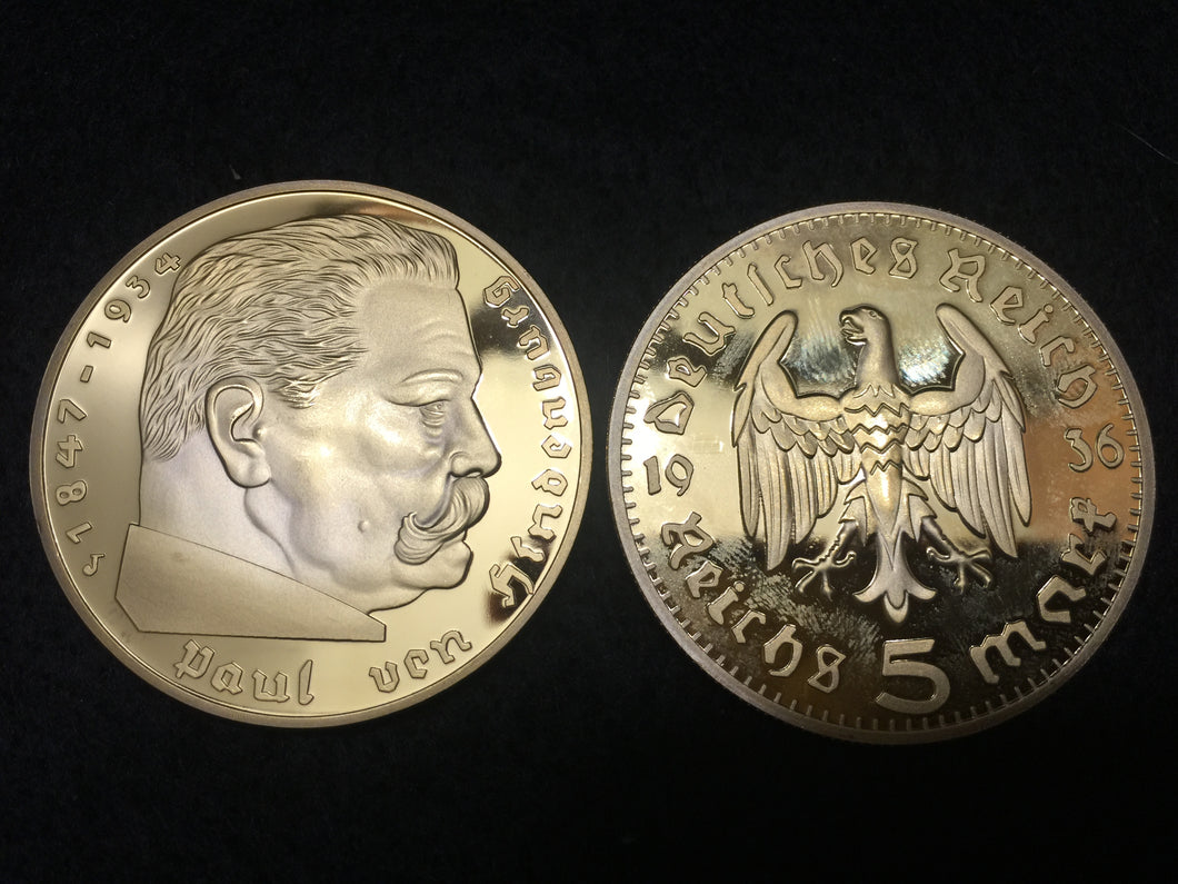 Nazi Third Reich 5 Reichsmark Gold Plated Coin - Reproduction - Collectors Couch