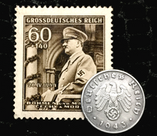 Load image into Gallery viewer, Rare Nazi Third Reich 1 Reichspfennig Coin with Swastika &amp; 60pf Stamp -  WWII Artifacts