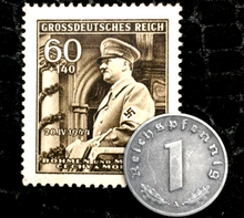 Load image into Gallery viewer, Rare Nazi Third Reich 1 Reichspfennig Coin with Swastika &amp; 60pf Stamp -  WWII Artifacts