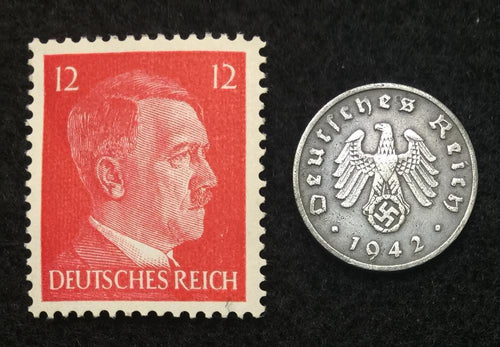Rare Nazi Third Reich 1 Reichspfennig Coin with Swastika & Rare Uncirculated Stamp - WWII Artifacts