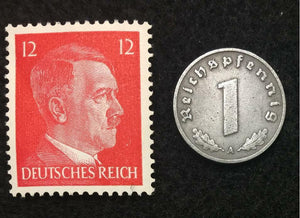 Rare Nazi Third Reich 1 Reichspfennig Coin with Swastika & Rare Uncirculated Stamp - WWII Artifacts - Collectors Couch