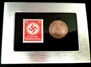 German WW2 Rare 2 Reichspfennig Copper Coin & Stamp in a Secure Display Frame - Collectors Couch